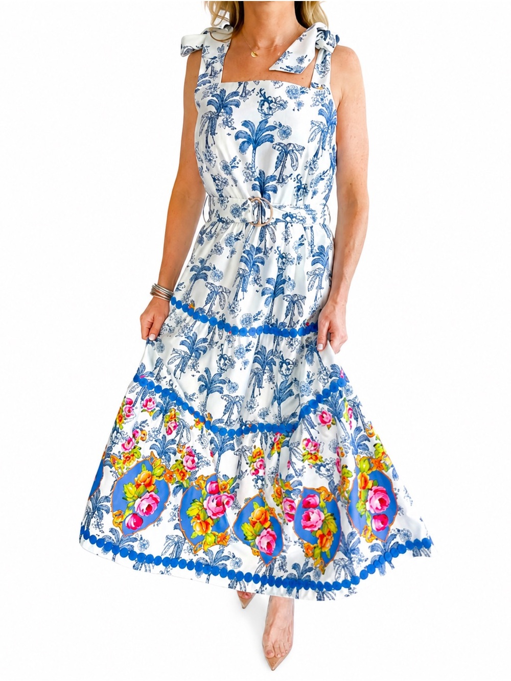 Emily Lovelock White and Blue Floral Maxi Dress sz XL 10 12 14